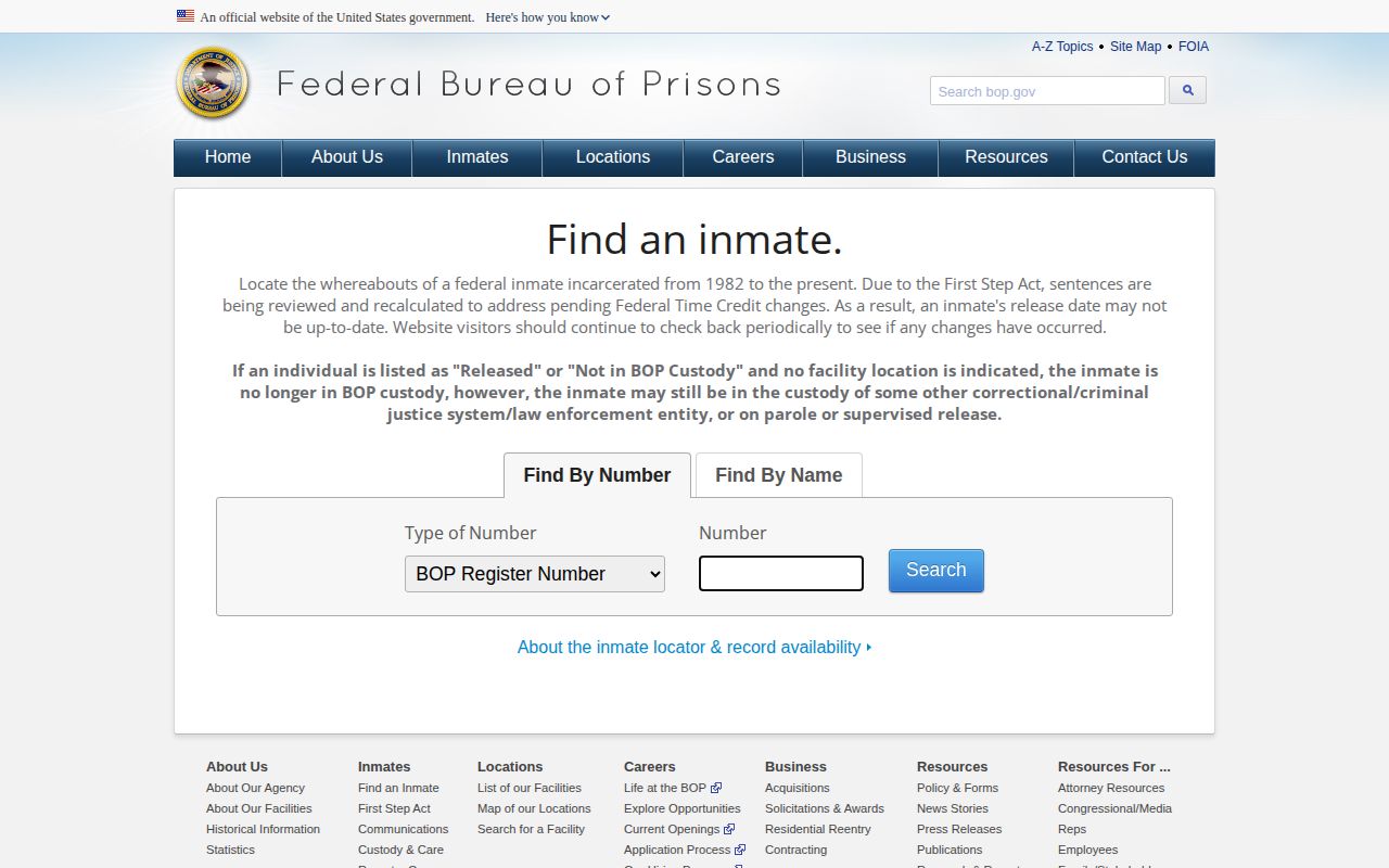 Federal BOP locator for custody checks after a Barnstable County arrest