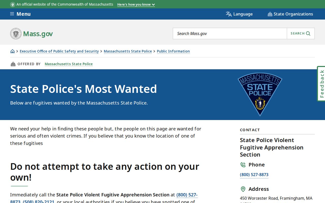 Massachusetts State Police wanted source for Barnstable County fugitive research
