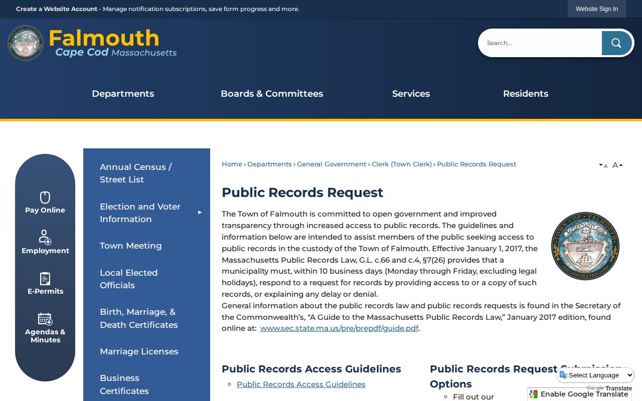 Town of Falmouth Police public-record request source for arrest and photo records