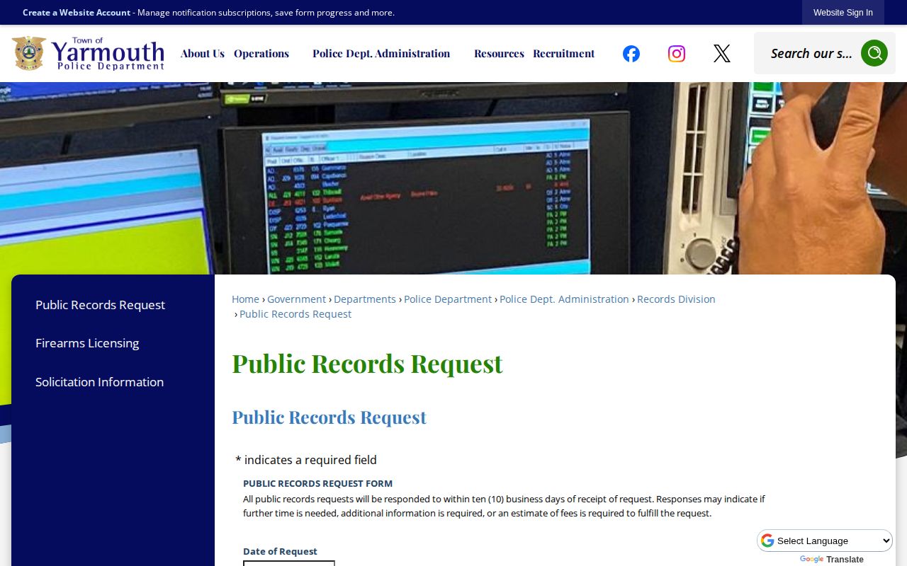 Town of Yarmouth Police public-record request source for arrest and photo records